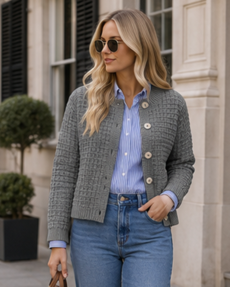 Coralie Cardigan Femme en Maille Texturée – Boutonné à Col Rond et Manches Longues