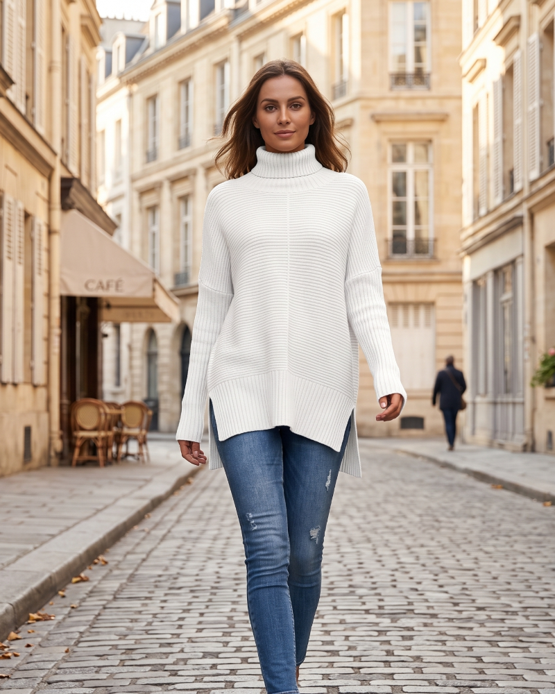 Maglione Neri da donna a collo alto – Maglia oversize lunga con spacchi laterali