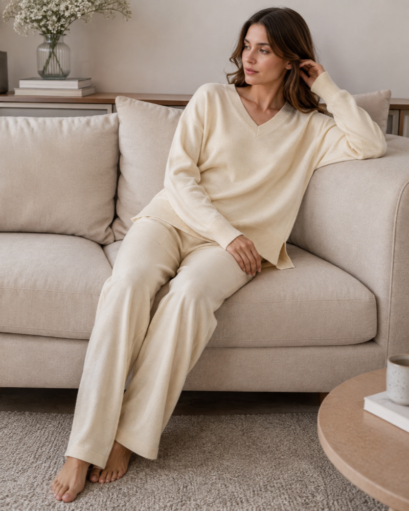 Zenova Women’s Knit Set – V-Neck Sweater and Coordinated Wide-Leg Pants