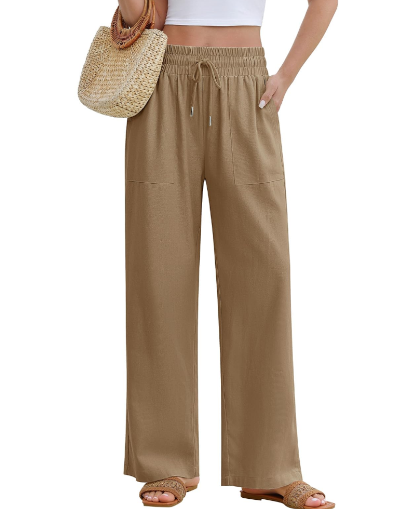 Damenhose Delphine mit weitem Bein – Leinen, hohe Taille mit Kordelzug und 4 Taschen