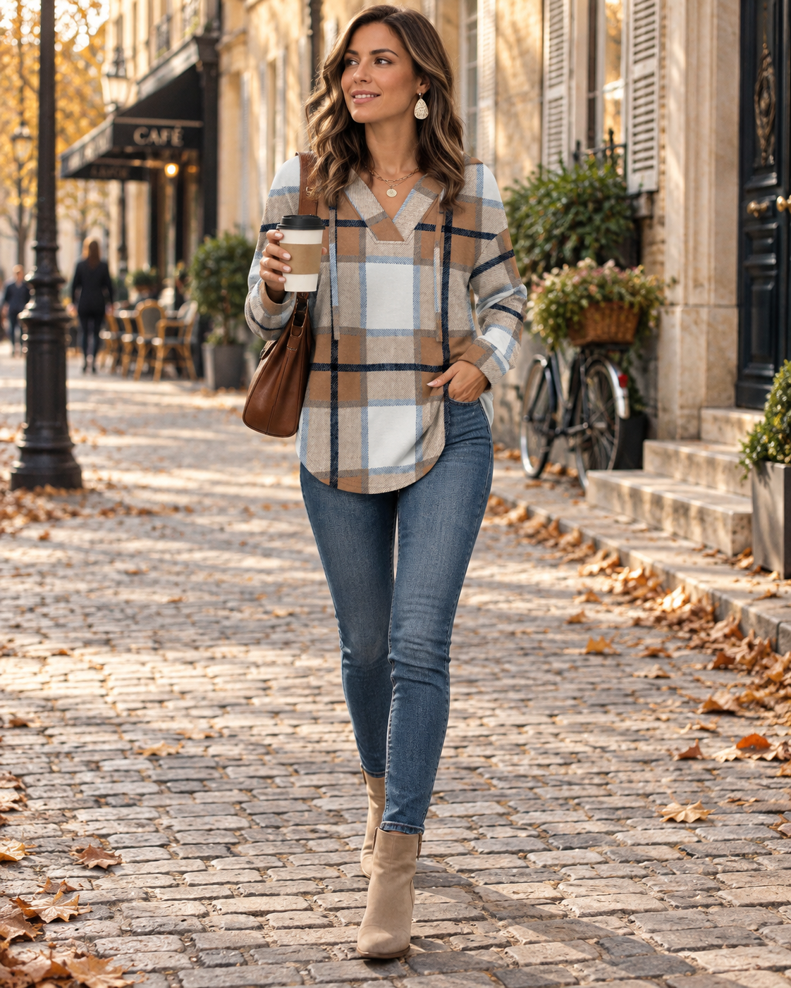 Brixie Women's Hooded Sweatshirt – Plaid Pattern, V-Neck, Loose Fit and Long Sleeves