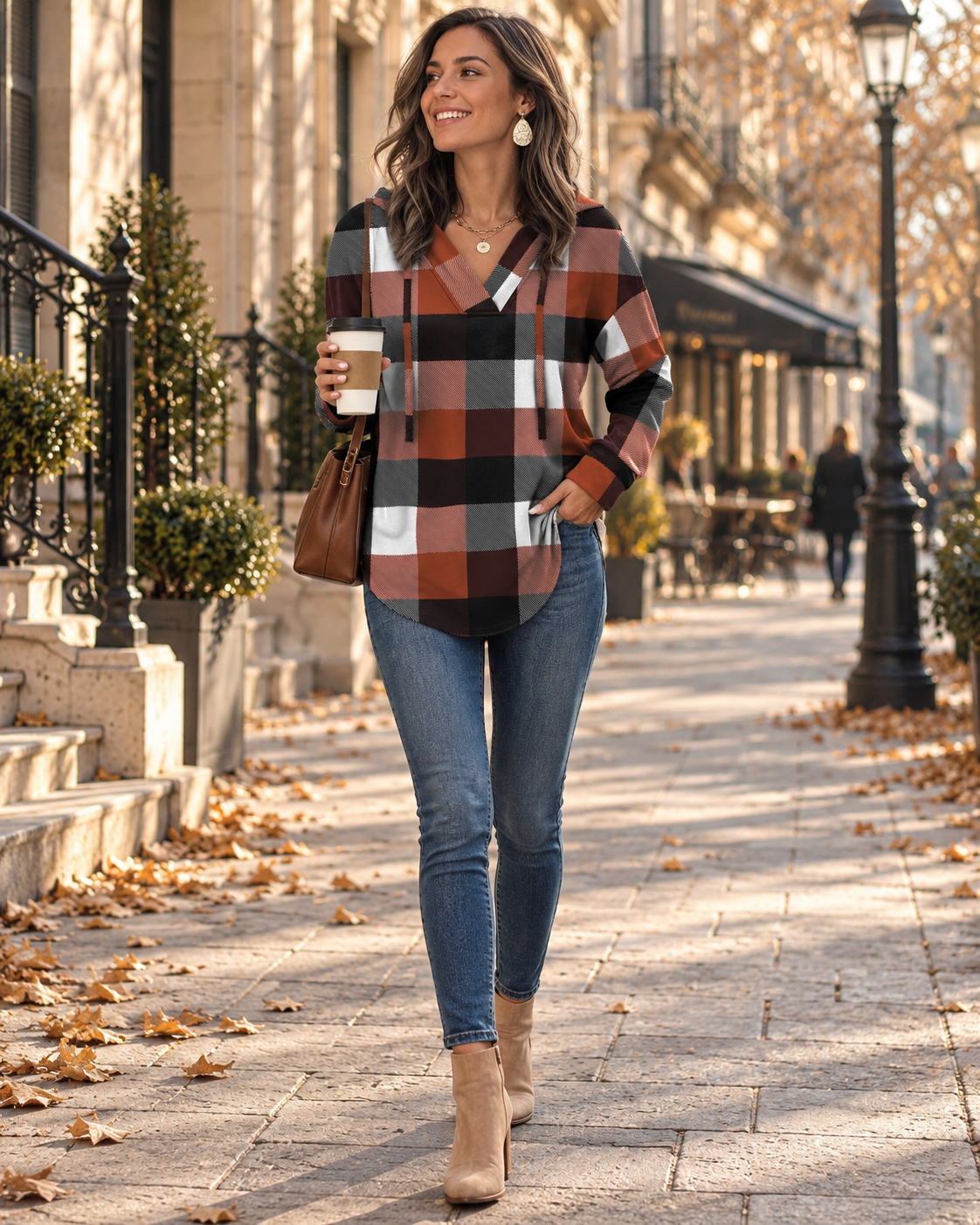 Brixie Women's Hooded Sweatshirt – Plaid Pattern, V-Neck, Loose Fit and Long Sleeves
