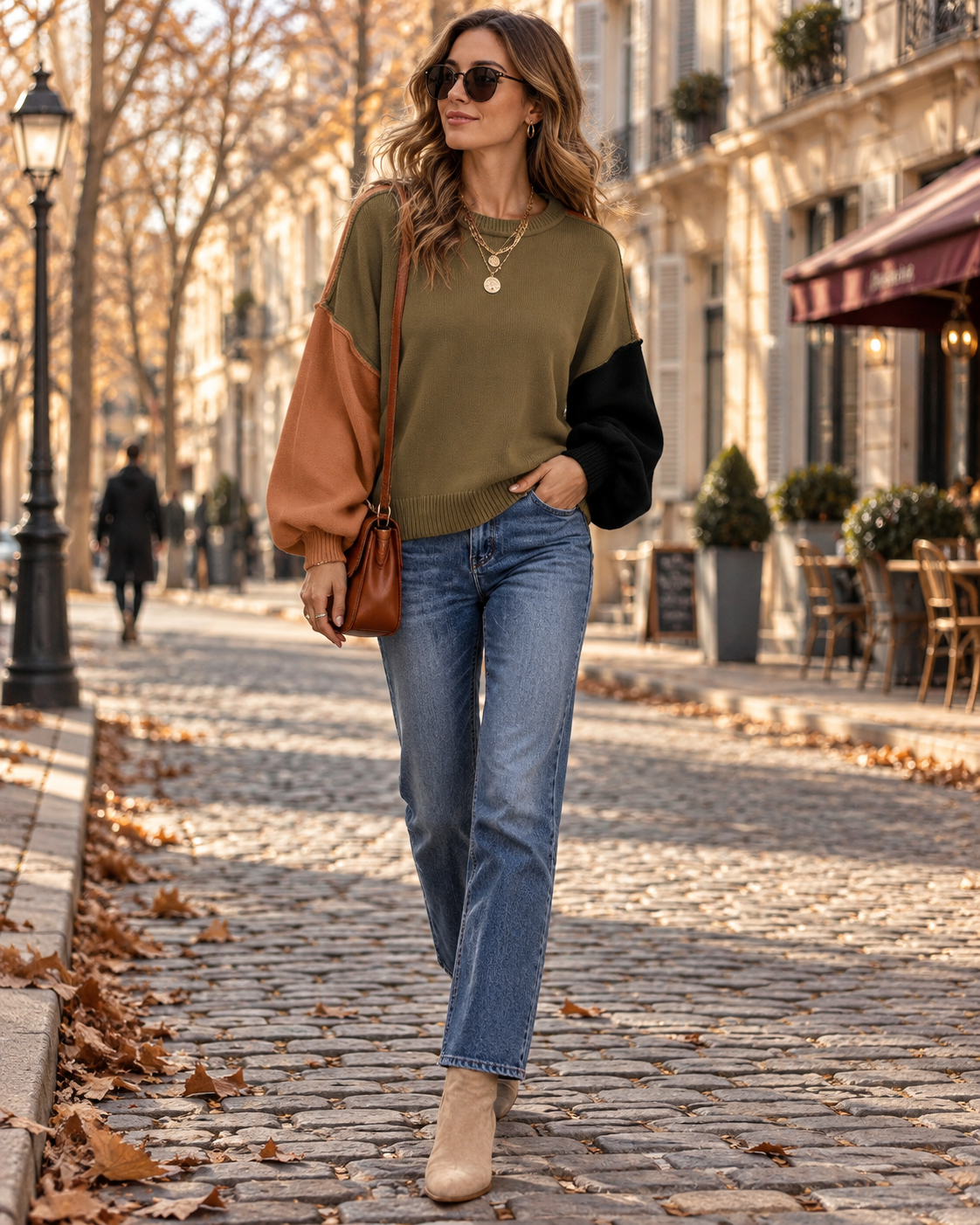 Rosa Jersey de Mujer Bicolor – Punto de Algodón, Cuello Redondo, Mangas Abullonadas y Corte Holgado