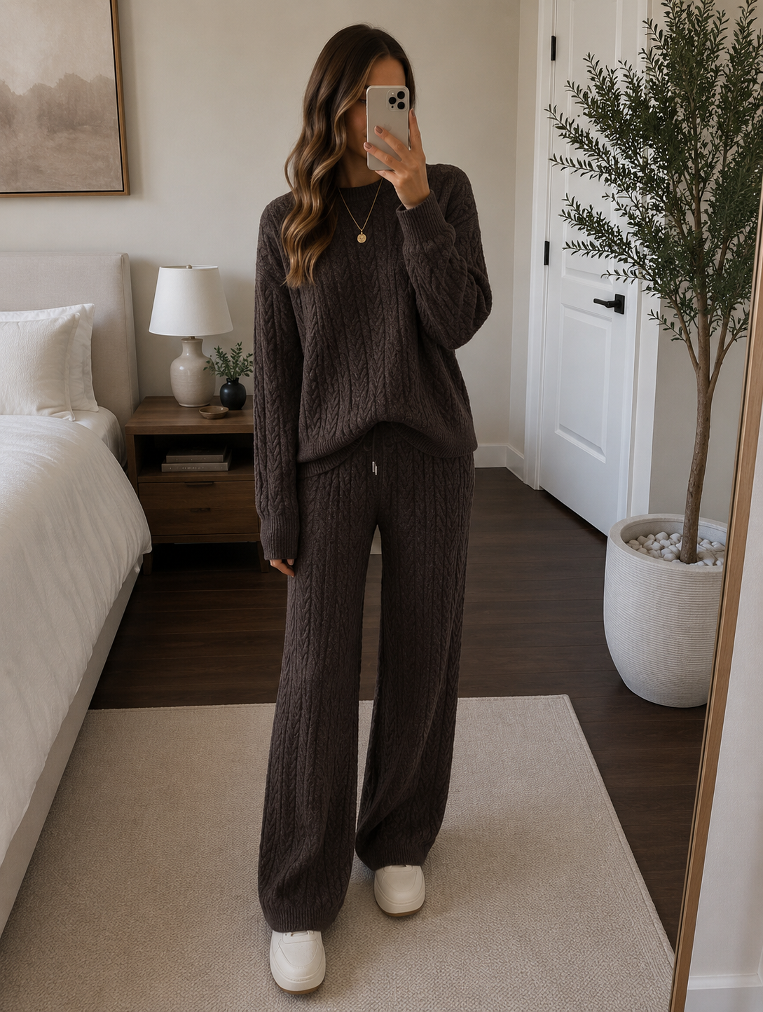 Conjunto de punto Merline para mujer – Jersey trenzado y pantalón ancho de lana