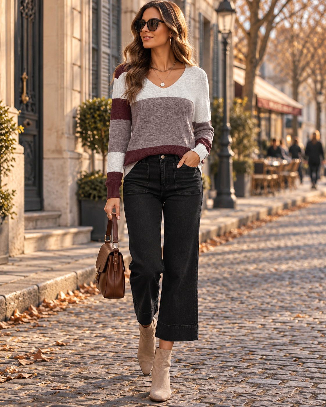 Saskia Jersey de mujer – Cuello de pico, punto texturizado, corte informal y mangas largas