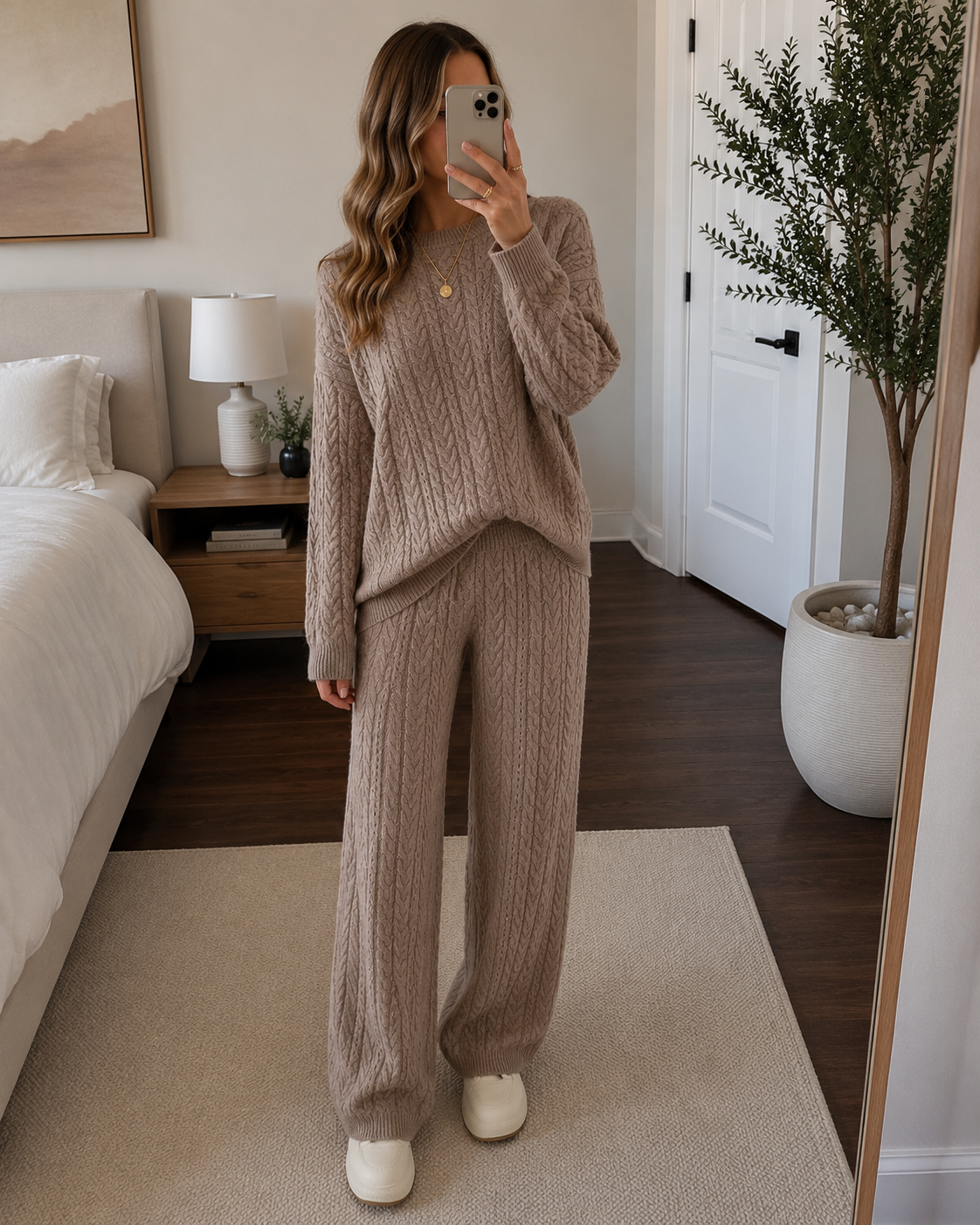 Conjunto de punto Merline para mujer – Jersey trenzado y pantalón ancho de lana