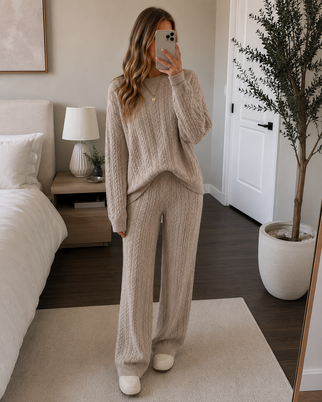 Conjunto de punto Merline para mujer – Jersey trenzado y pantalón ancho de lana