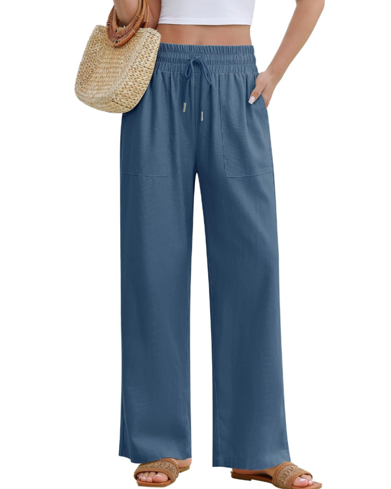 Damenhose Delphine mit weitem Bein – Leinen, hohe Taille mit Kordelzug und 4 Taschen