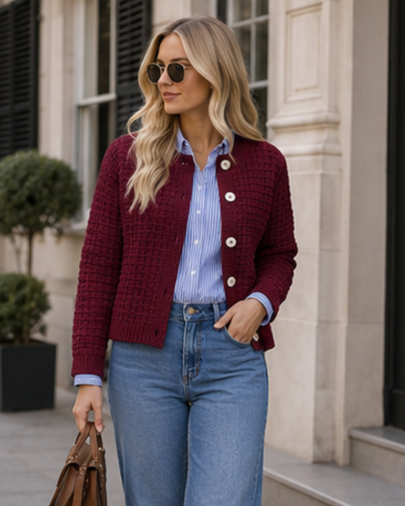 Coralie Cardigan Femme en Maille Texturée – Boutonné à Col Rond et Manches Longues