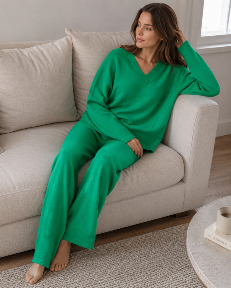 Zenova Women’s Knit Set – V-Neck Sweater and Coordinated Wide-Leg Pants