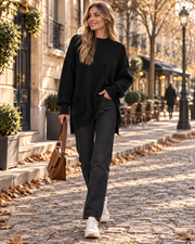 Maelva Suéter oversize para mujer – Punto acanalado, cuello alto, mangas largas y aberturas