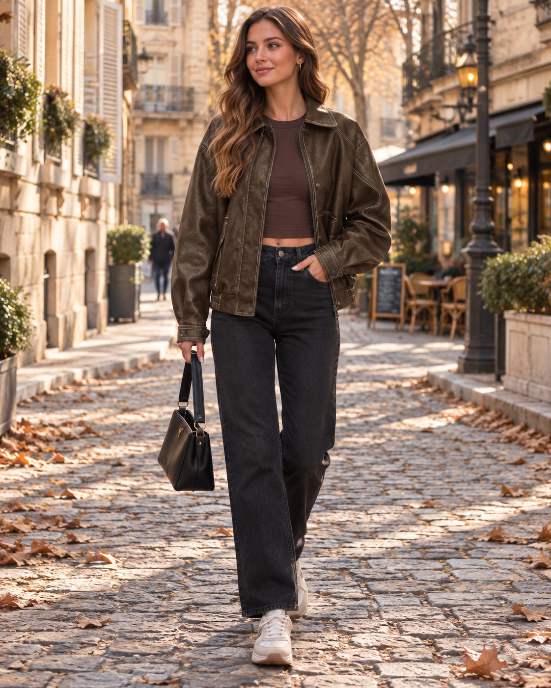 Yvette Damenjacke aus Kunstleder – Oversize-Schnitt, Klassischer Kragen, Reißverschluss und Taschen