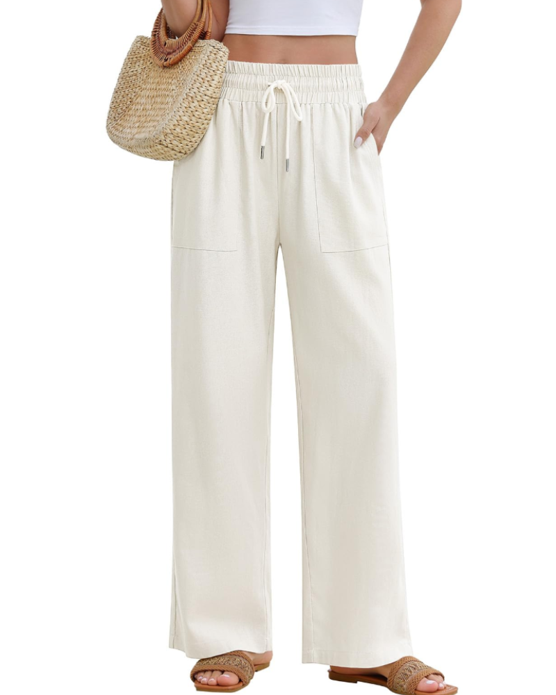 Damenhose Delphine mit weitem Bein – Leinen, hohe Taille mit Kordelzug und 4 Taschen