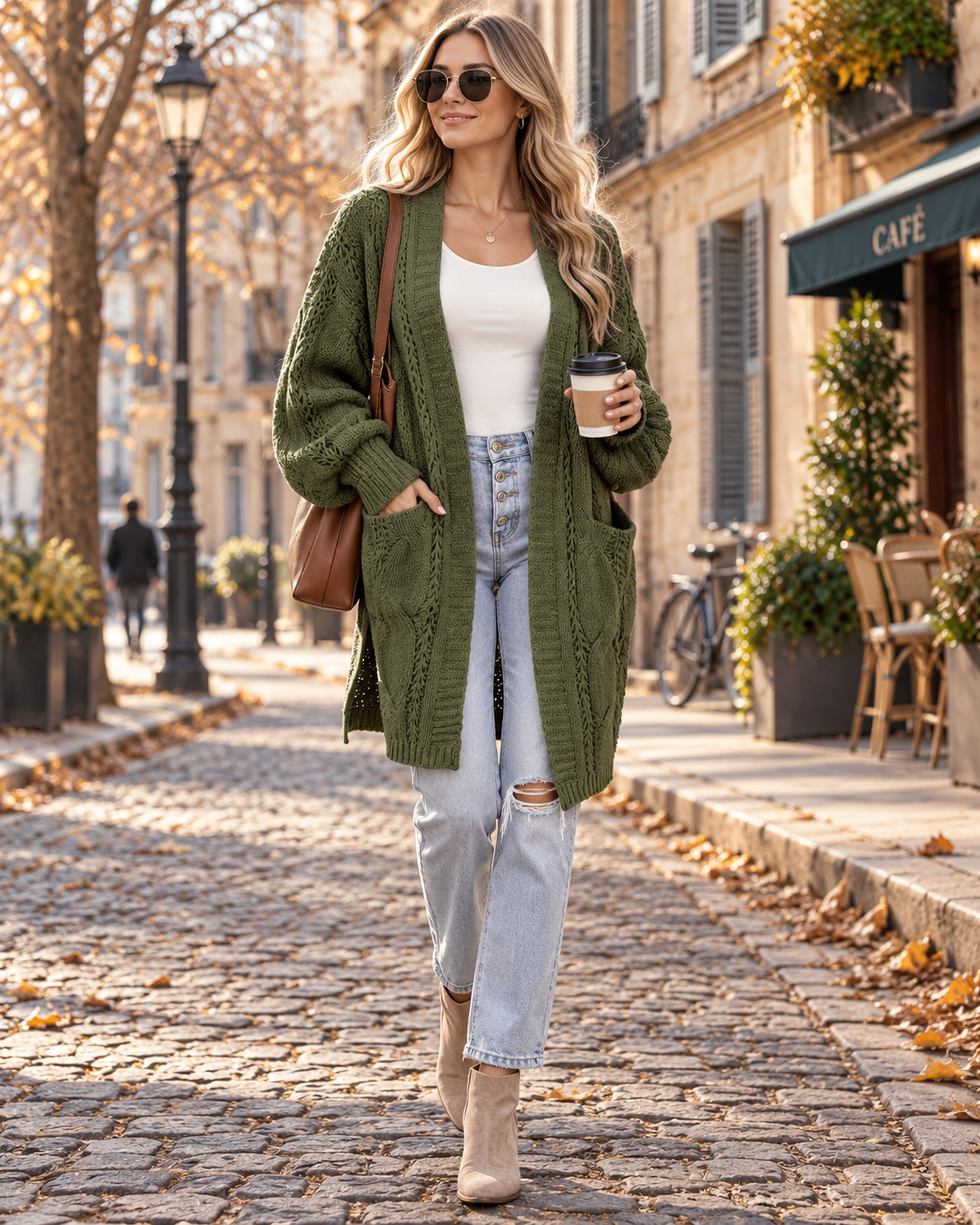 Kendra Women's Long Cardigan – Cable Knit, Relaxed Fit, Balloon Sleeves, and Pockets