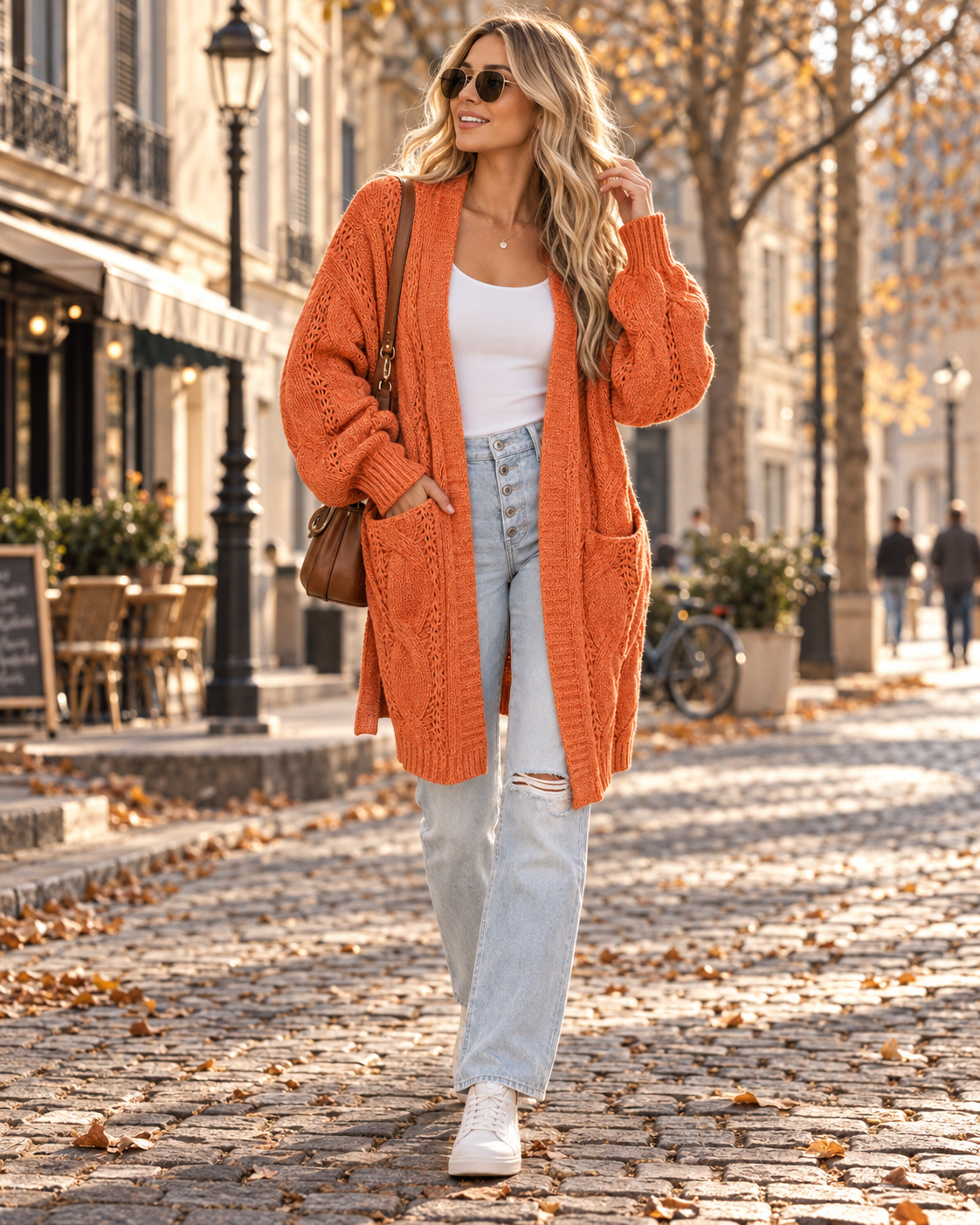 Kendra Women's Long Cardigan – Cable Knit, Relaxed Fit, Balloon Sleeves, and Pockets