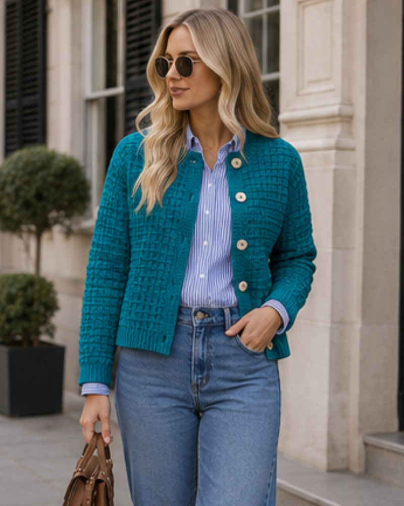 Coralie Cardigan Femme en Maille Texturée – Boutonné à Col Rond et Manches Longues