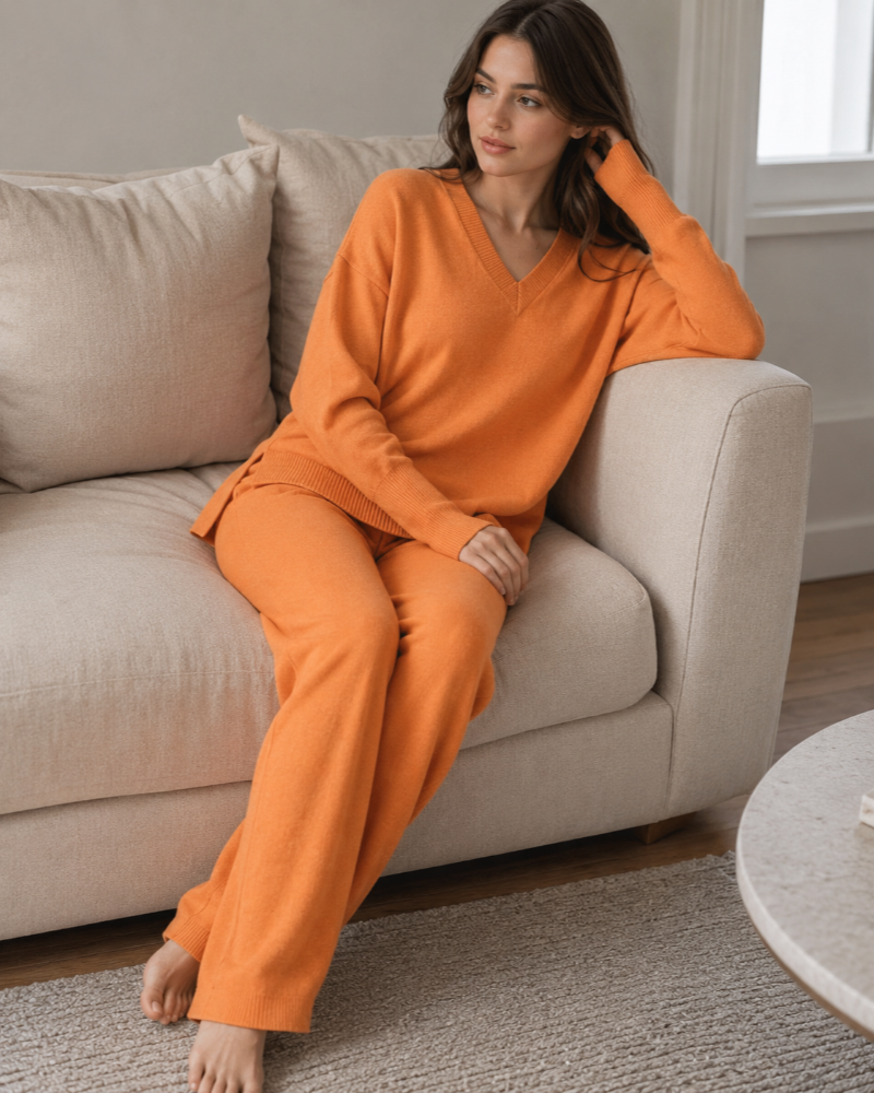 Zenova Women’s Knit Set – V-Neck Sweater and Coordinated Wide-Leg Pants