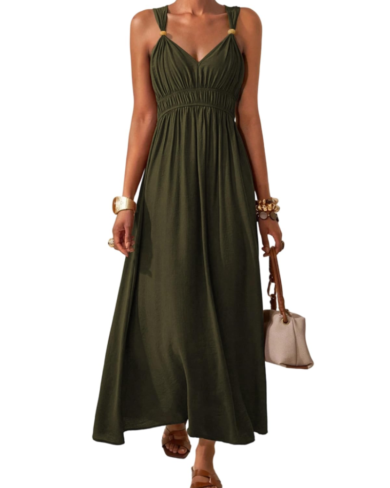 Women’s Long Seren Dress – V-Neck, High Waist, Flared Cut & Bohemian Style