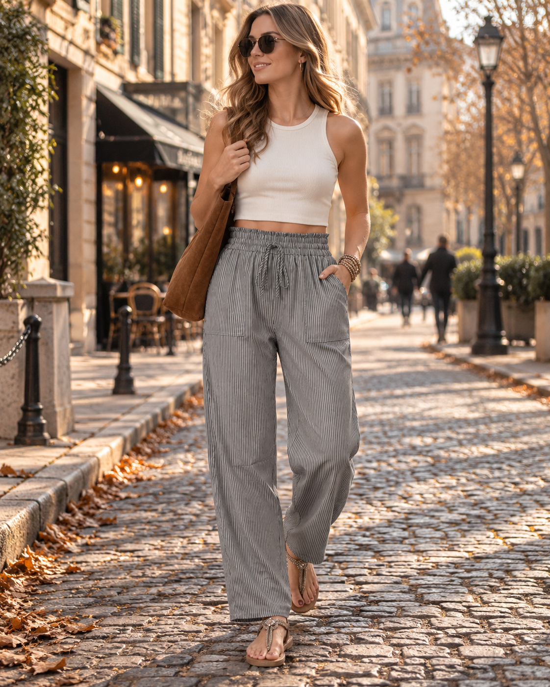 Hailey Damenhose mit Streifen – hoher elastischer Bund, weite Passform und Taschen