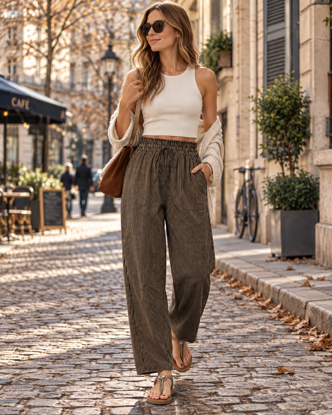 Hailey Damenhose mit Streifen – hoher elastischer Bund, weite Passform und Taschen
