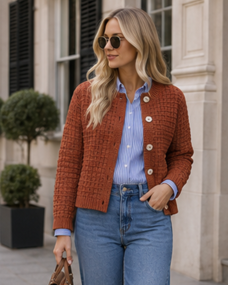 Coralie Cardigan Femme en Maille Texturée – Boutonné à Col Rond et Manches Longues