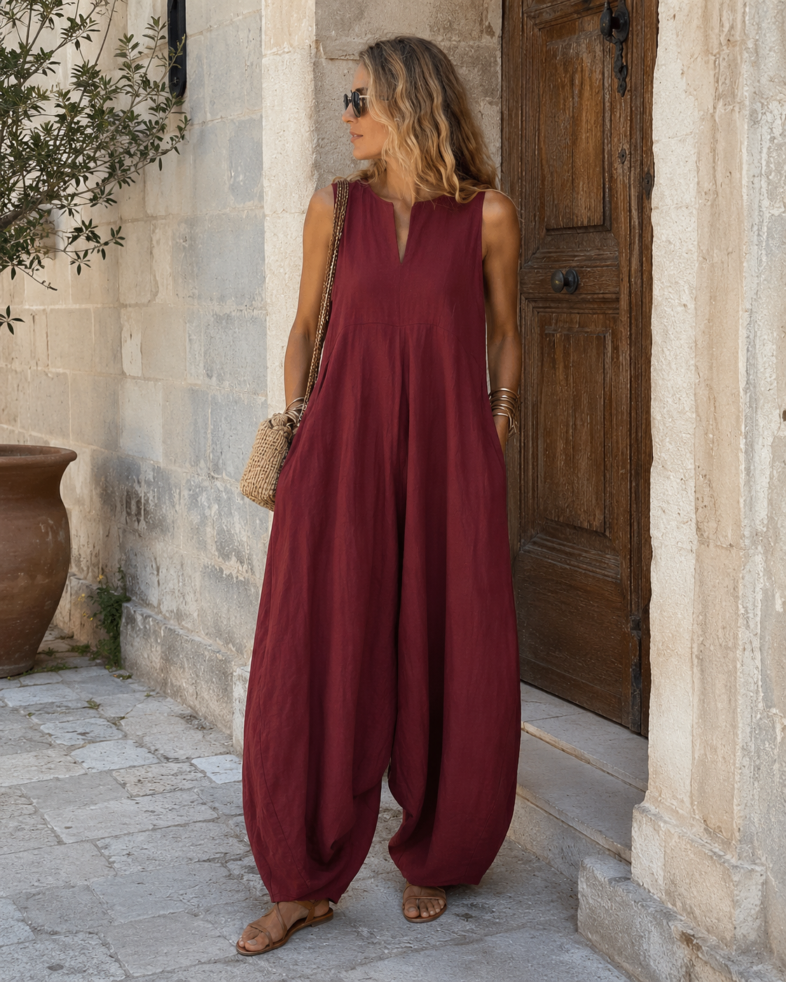 Tessa Mono para mujer – Sin mangas, escote de pico, piernas anchas y bolsillos