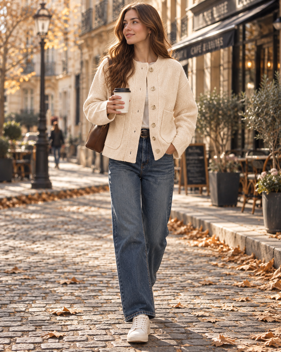 Edith Women's Chunky-Knit Cardigan – Buttoned, Stand-Up Collar & Two Pockets