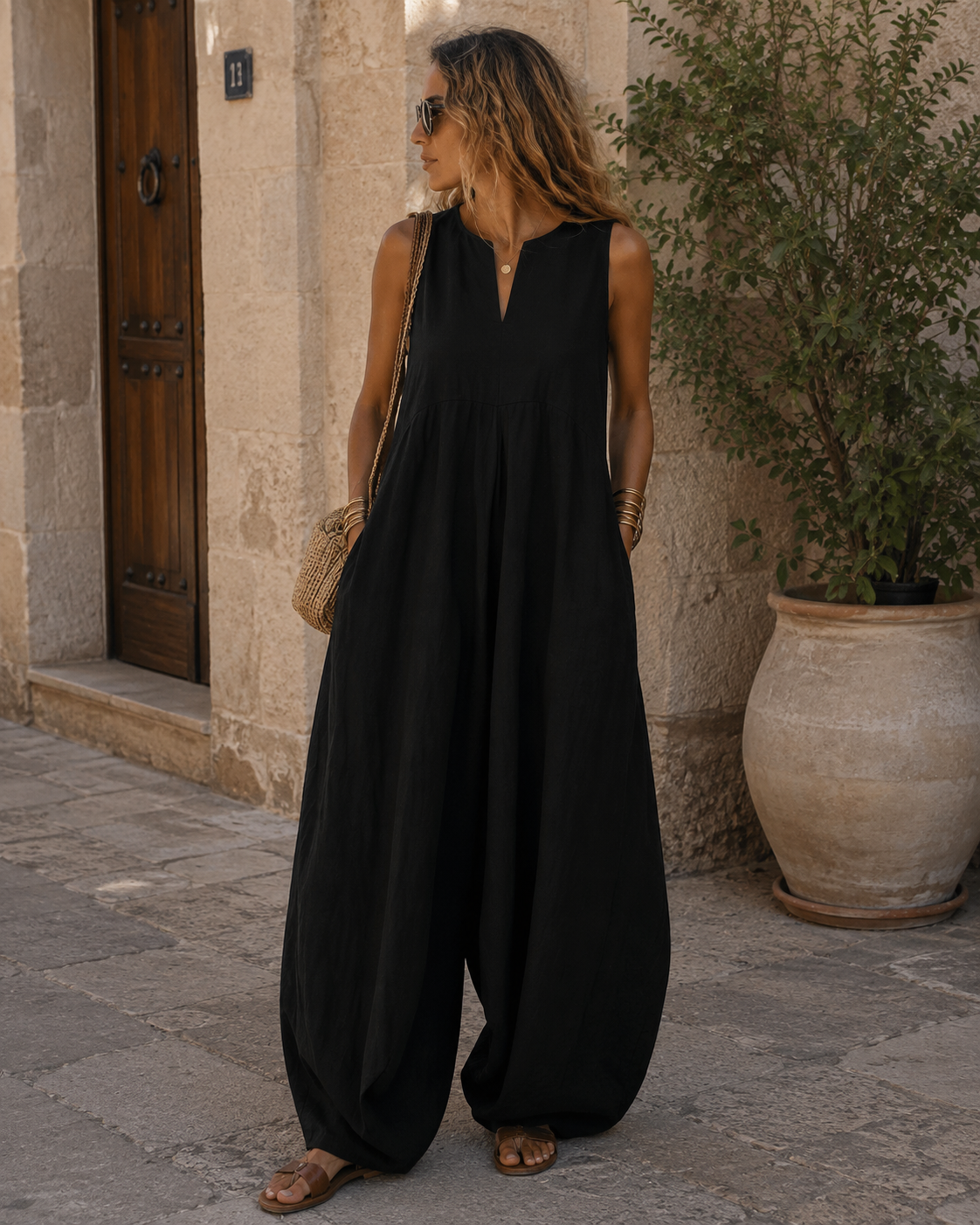 Tessa Mono para mujer – Sin mangas, escote de pico, piernas anchas y bolsillos