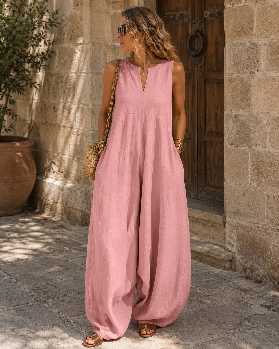 Tessa Mono para mujer – Sin mangas, escote de pico, piernas anchas y bolsillos