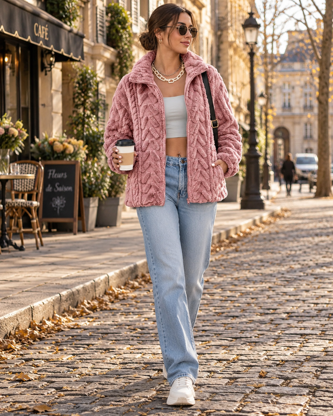 Olive Jachetă din fleece pentru femei – Croială oversize, guler înalt, fermoar integral și buzunare