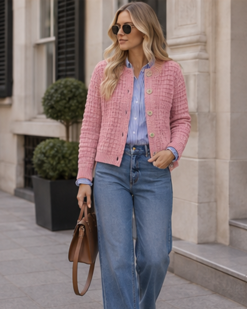 Coralie Cardigan Femme en Maille Texturée – Boutonné à Col Rond et Manches Longues