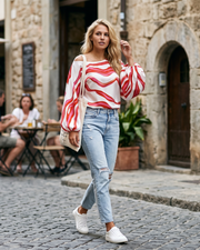 Oakley Damesblouse – Asymmetrische Blouse met Eén Schouder en Ballonmouwen, Golvend Print