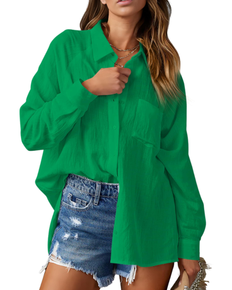 Mirabelle Camicia da donna – Collo a V, maniche lunghe, abbottonata e con tasca sul petto