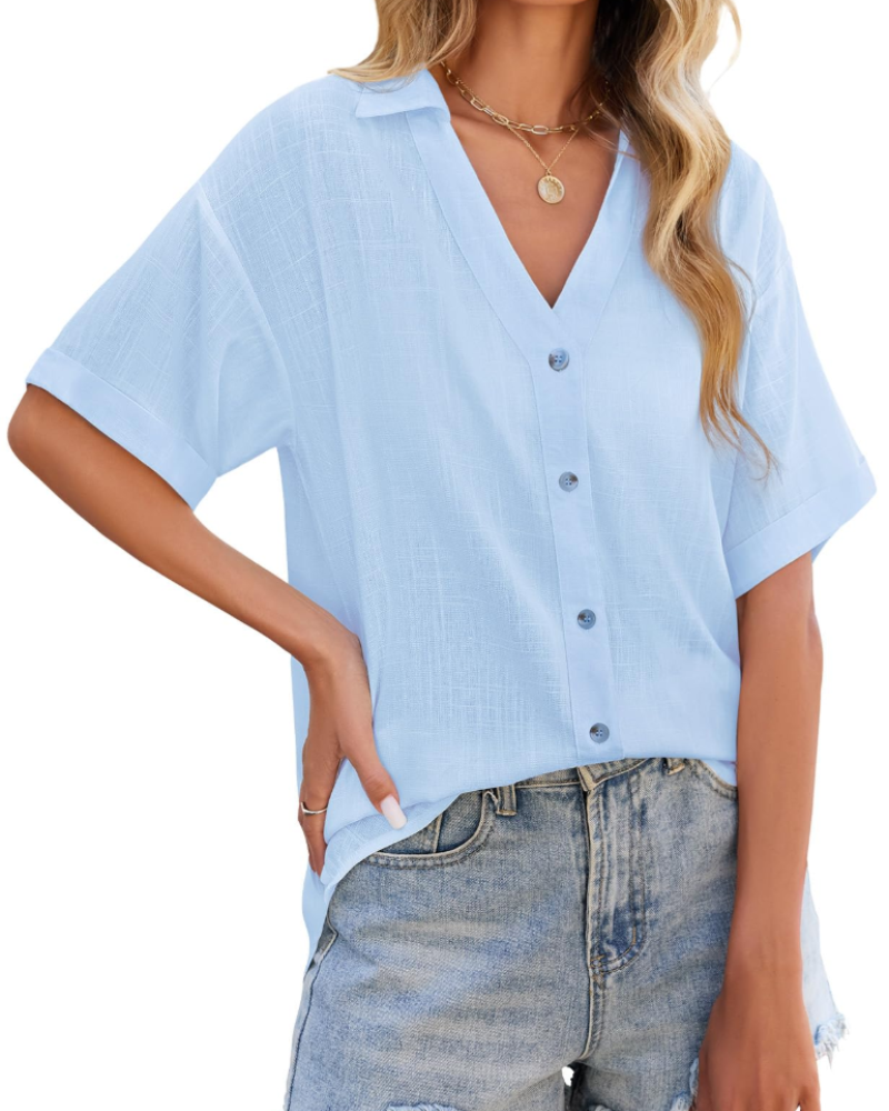 Blusa de senhora Delphine – Linho e viscose, decote em V com botões, mangas curtas e corte amplo