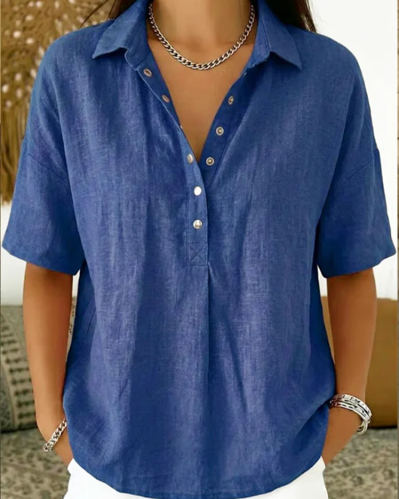Helena Damen V-Ausschnitt Bluse – Kurzarm mit Knopfdetail, schickes Casual-Hemd