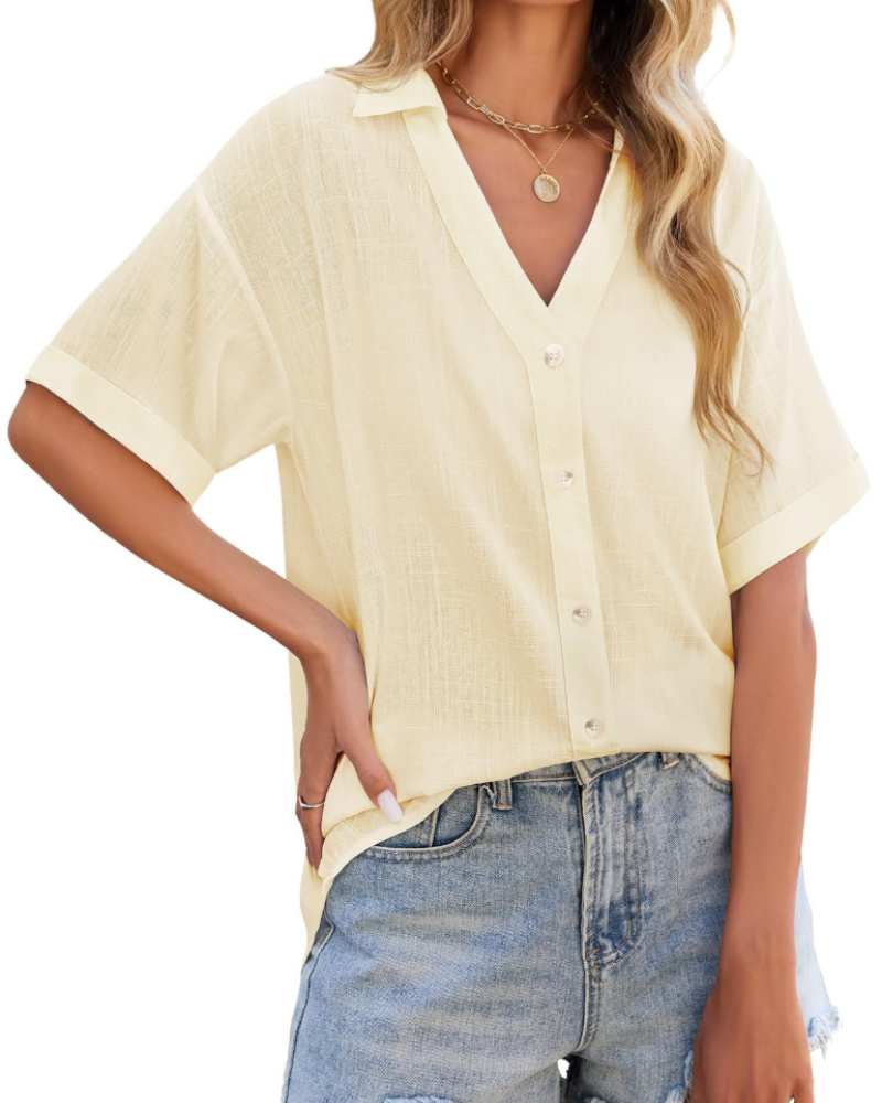 Blusa de senhora Delphine – Linho e viscose, decote em V com botões, mangas curtas e corte amplo
