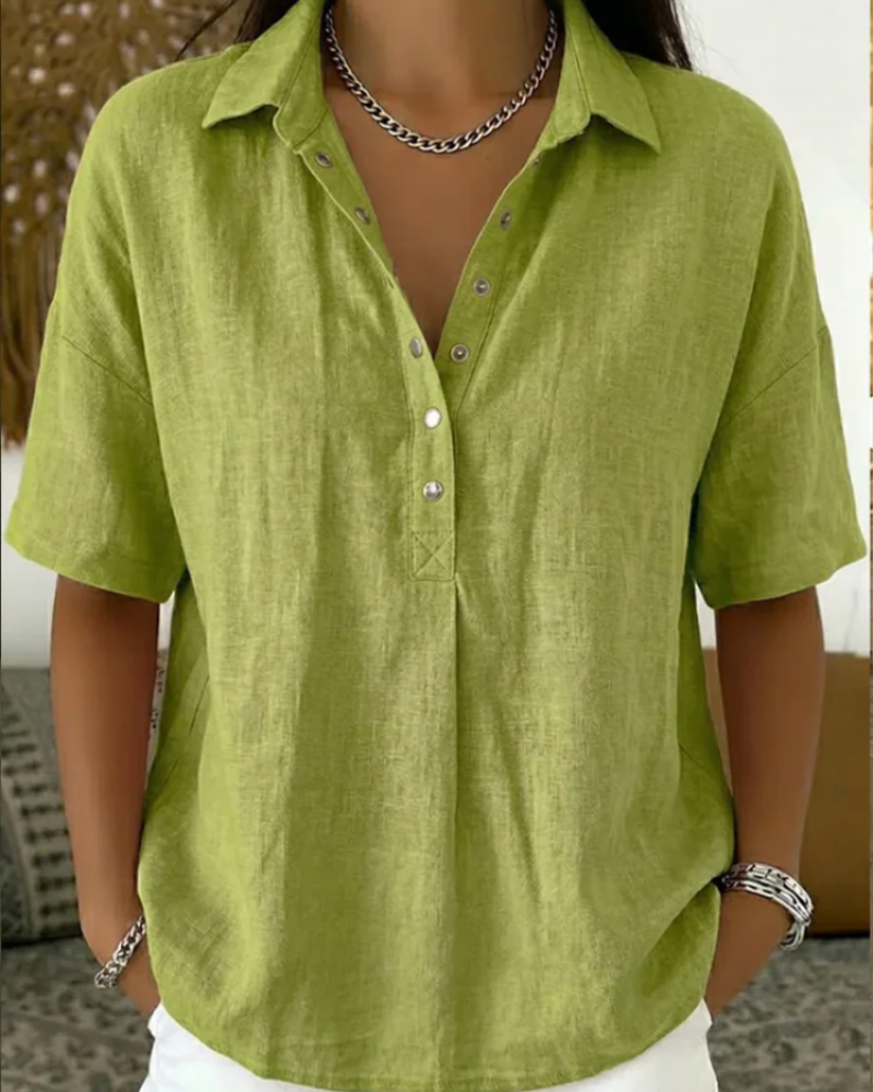 Helena Damen V-Ausschnitt Bluse – Kurzarm mit Knopfdetail, schickes Casual-Hemd