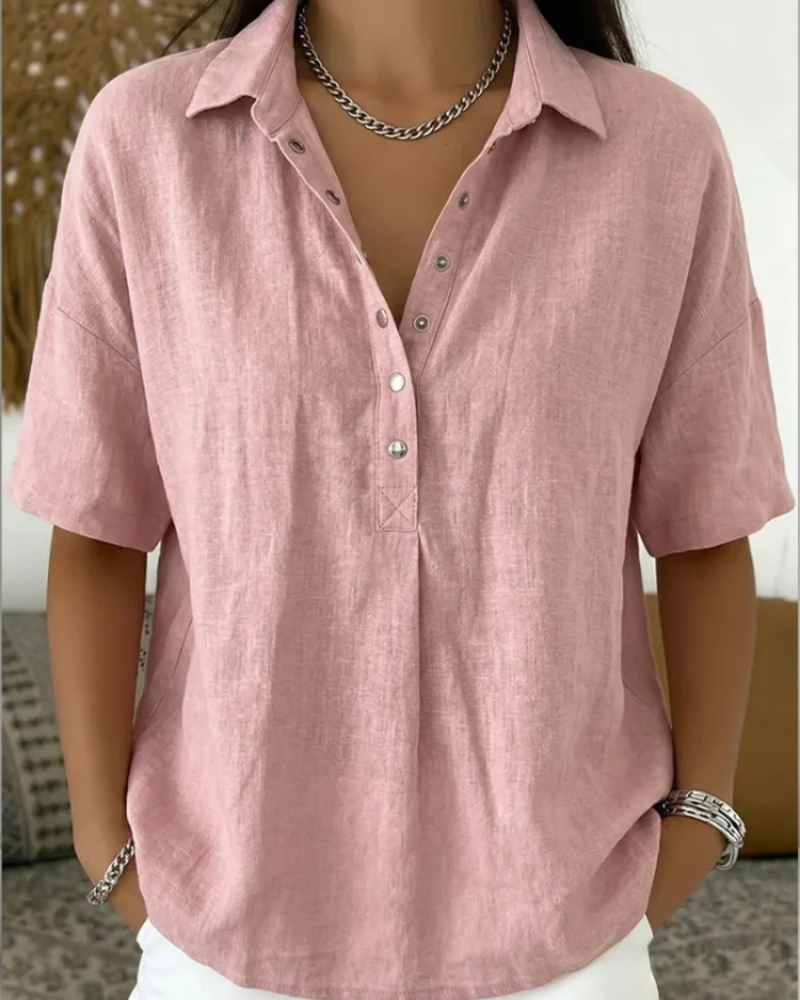Helena Damen V-Ausschnitt Bluse – Kurzarm mit Knopfdetail, schickes Casual-Hemd