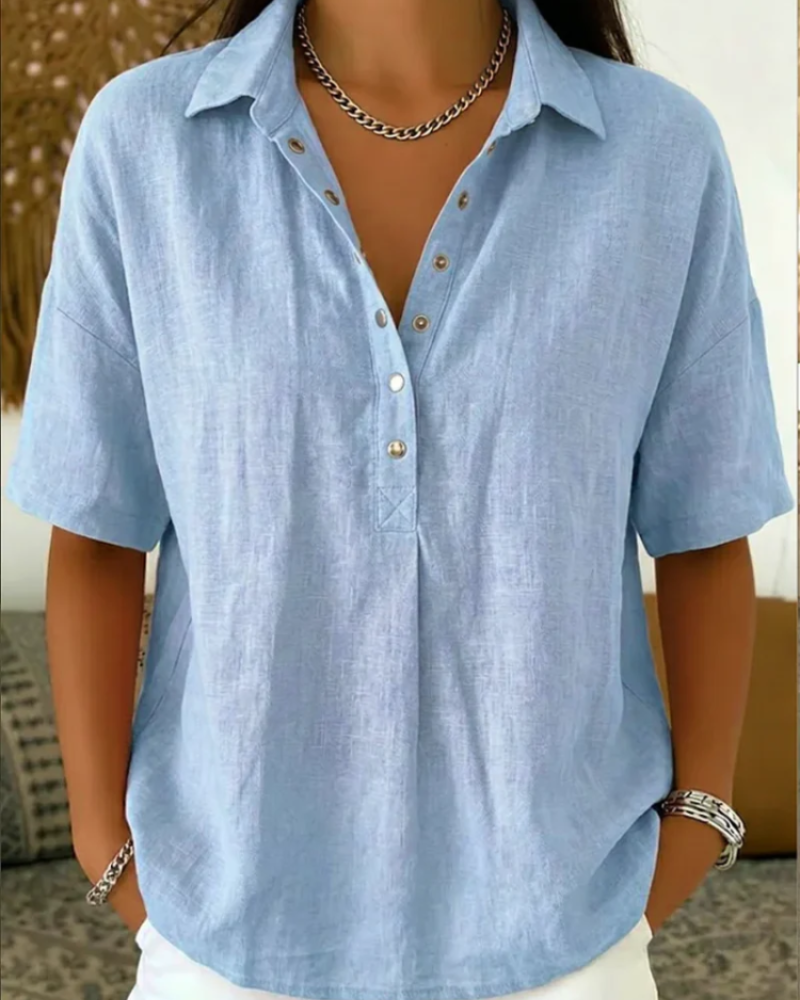 Helena Damen V-Ausschnitt Bluse – Kurzarm mit Knopfdetail, schickes Casual-Hemd