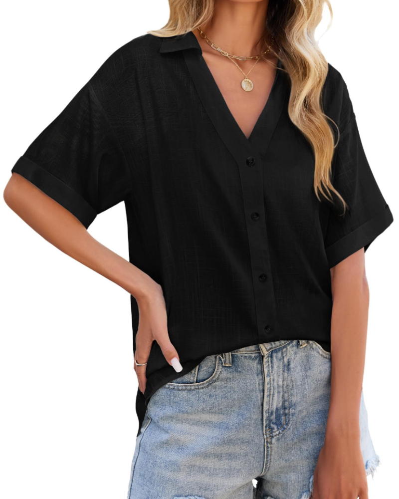 Blusa de senhora Delphine – Linho e viscose, decote em V com botões, mangas curtas e corte amplo