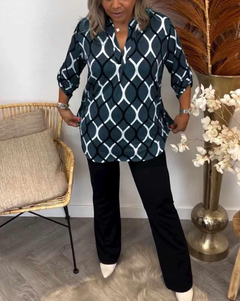 Clara Camicetta Donna – Blusa con Stampa Geometrica, Scollo a V, Taglio Ampio, Maniche 3/4