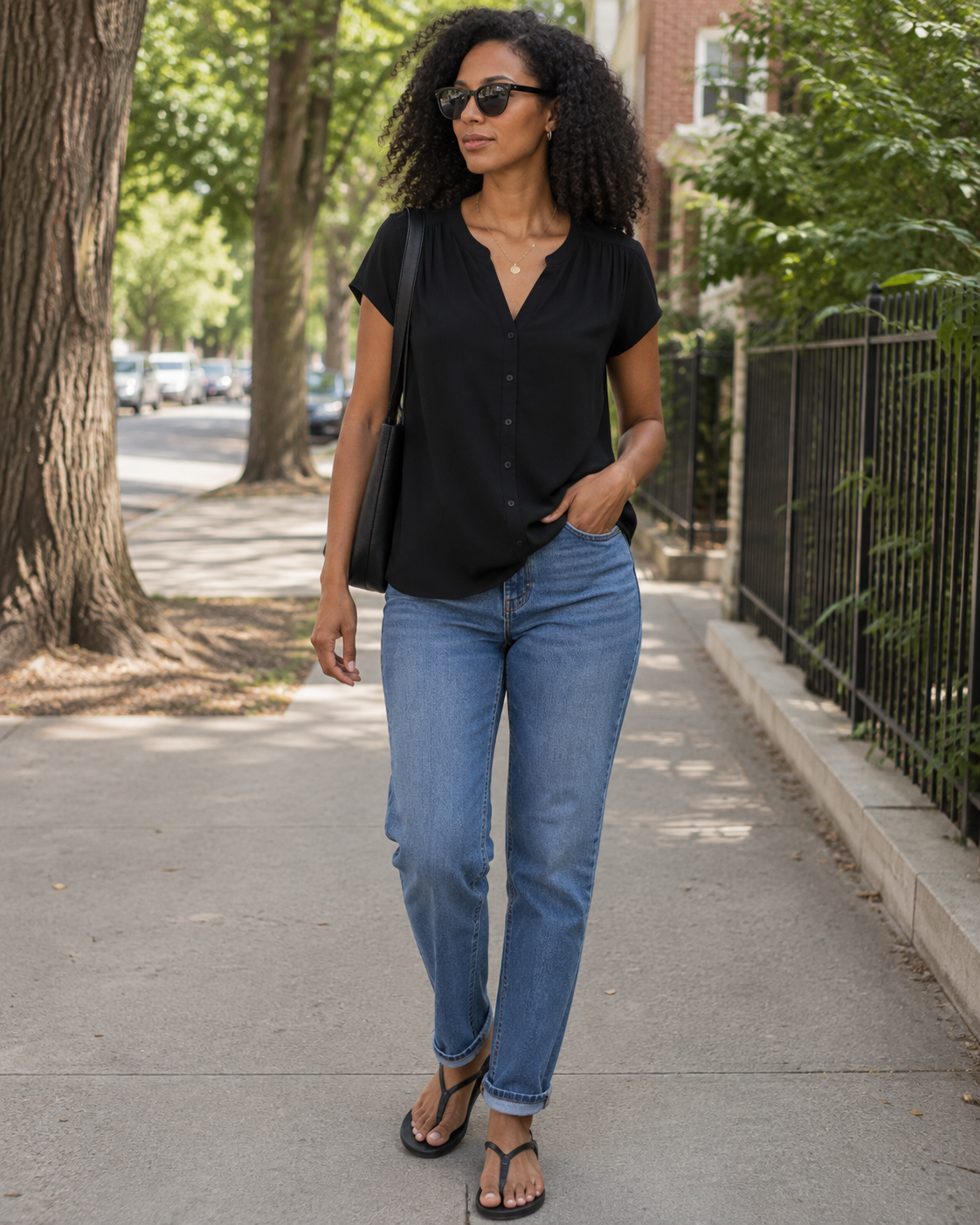 Blusa Cressida de senhora em viscose – Decote em V com botões, mangas curtas e corte fluido