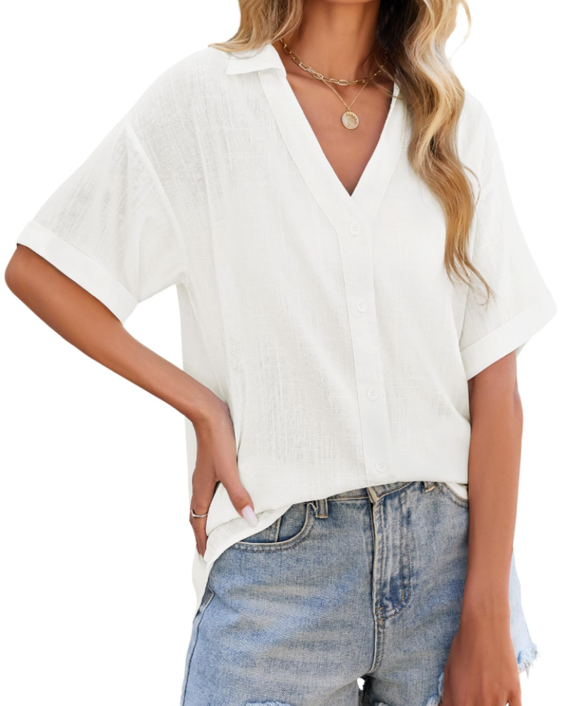 Blusa de senhora Delphine – Linho e viscose, decote em V com botões, mangas curtas e corte amplo