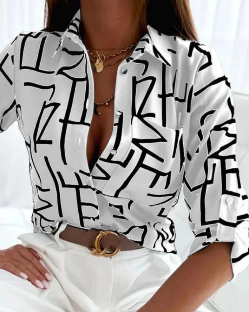 Blusa stampata da donna Beatrice – Camicia grafica con bottoni, colletto e maniche lunghe