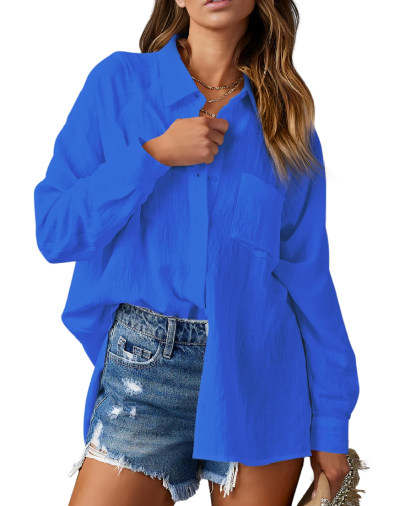 Mirabelle Camicia da donna – Collo a V, maniche lunghe, abbottonata e con tasca sul petto