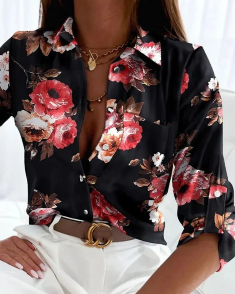Blusa stampata da donna Beatrice – Camicia grafica con bottoni, colletto e maniche lunghe