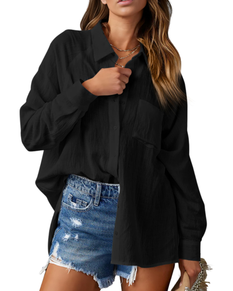 Mirabelle Camicia da donna – Collo a V, maniche lunghe, abbottonata e con tasca sul petto