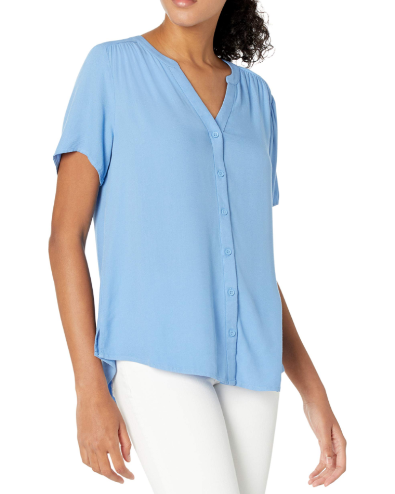 Blusa Cressida de senhora em viscose – Decote em V com botões, mangas curtas e corte fluido