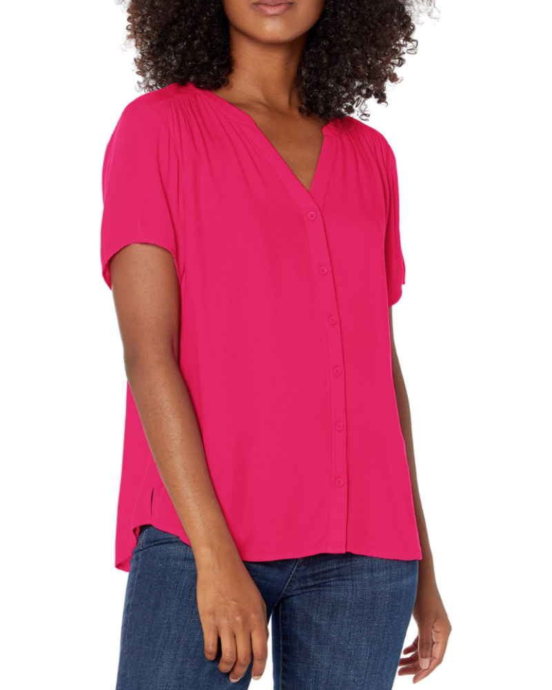 Blusa Cressida de senhora em viscose – Decote em V com botões, mangas curtas e corte fluido