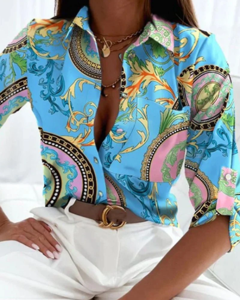 Blusa stampata da donna Beatrice – Camicia grafica con bottoni, colletto e maniche lunghe